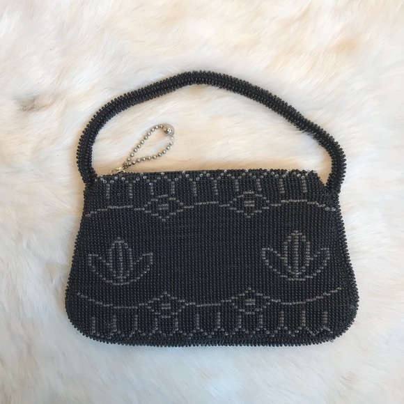 Vintage Micro Beaded Clutch Cocktail Bag Black - Picture 3 of 6